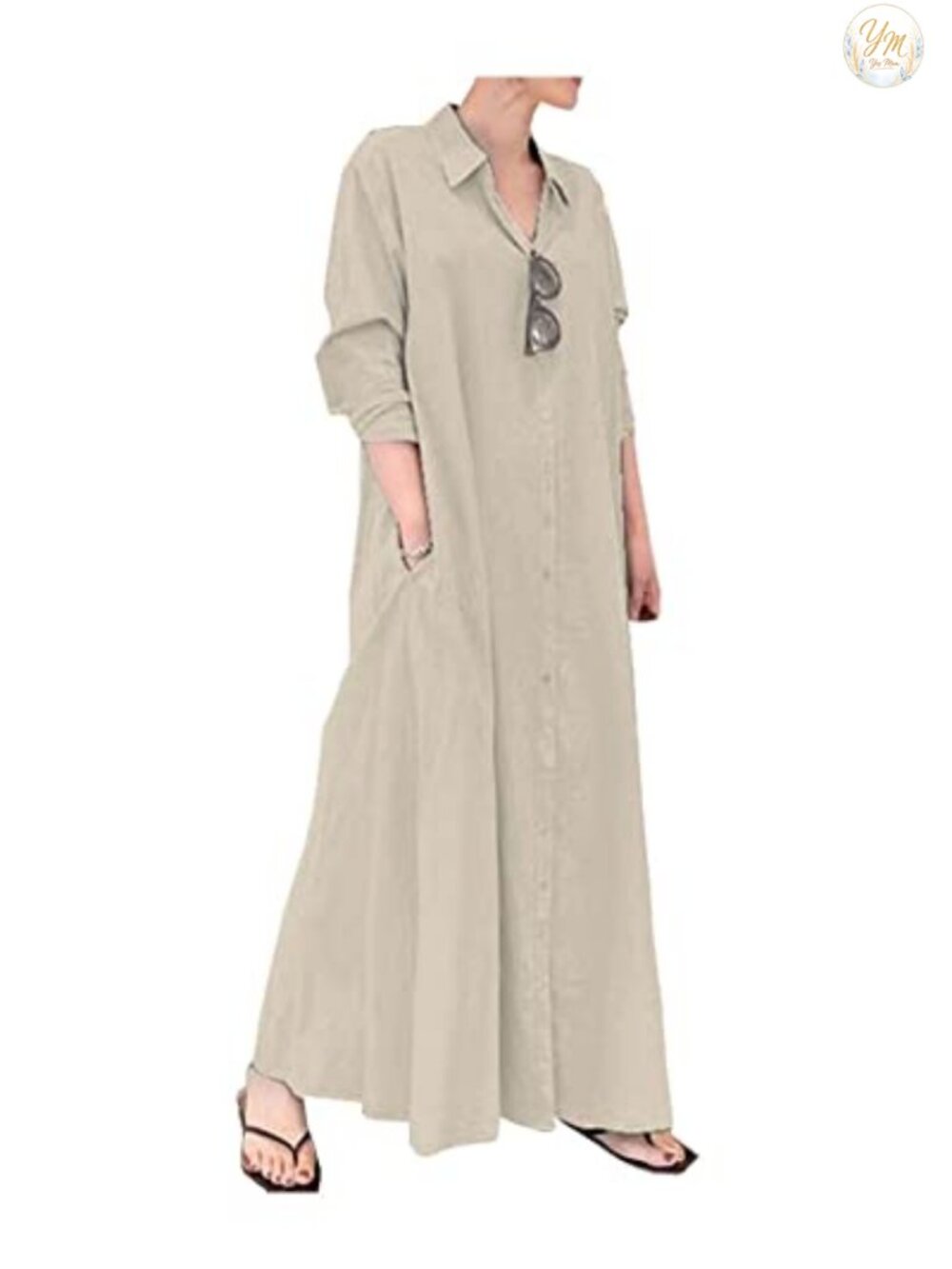 Cotton Linen Maxi Dress Long Sleeve Shirt Dress Casual Women